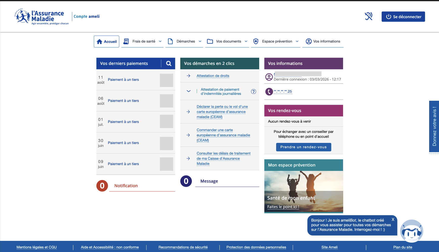 Espace connecté ameli.fr, tel qu'il est aujourd'hui