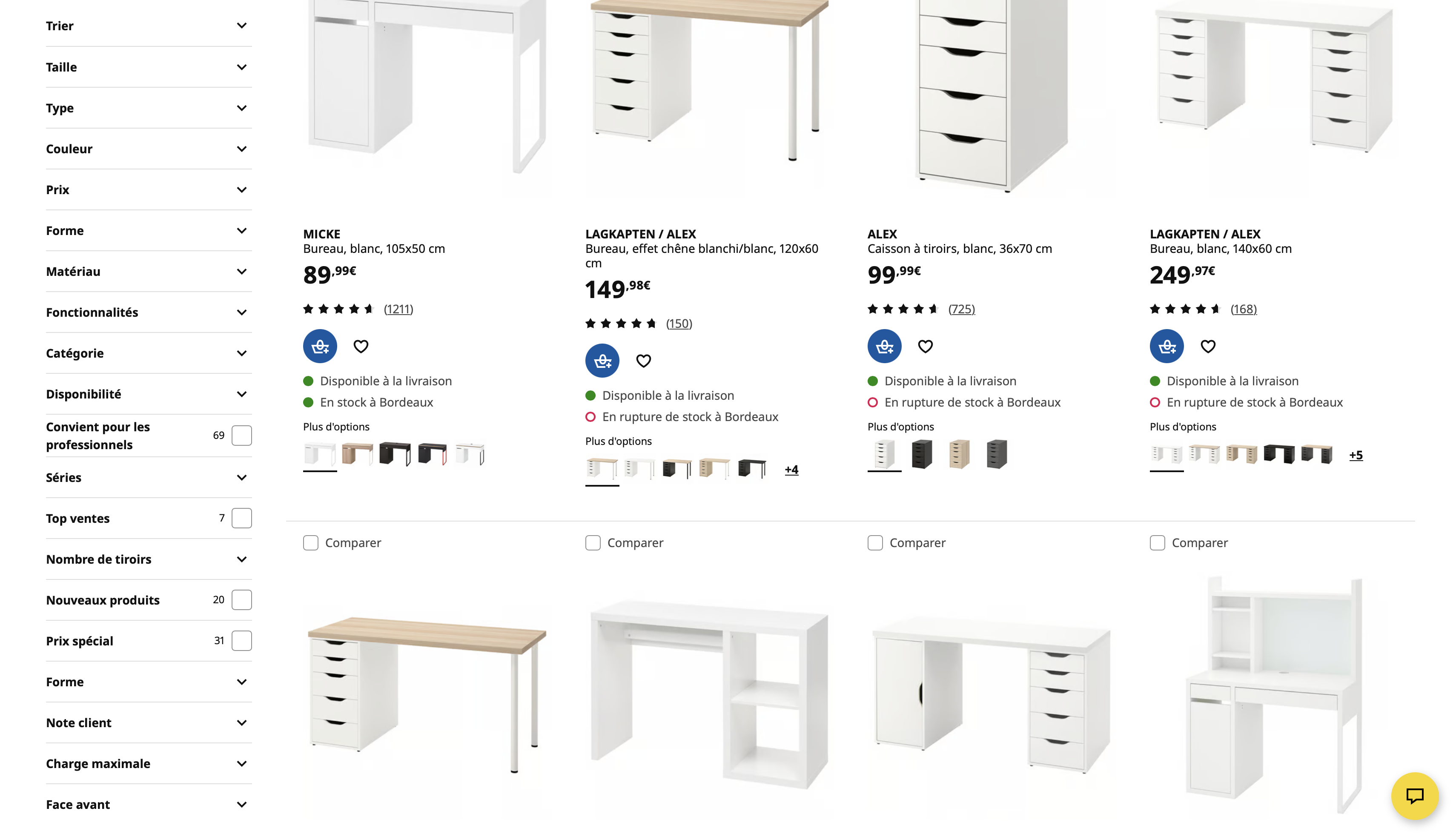 IKEA.fr desks page on the live site